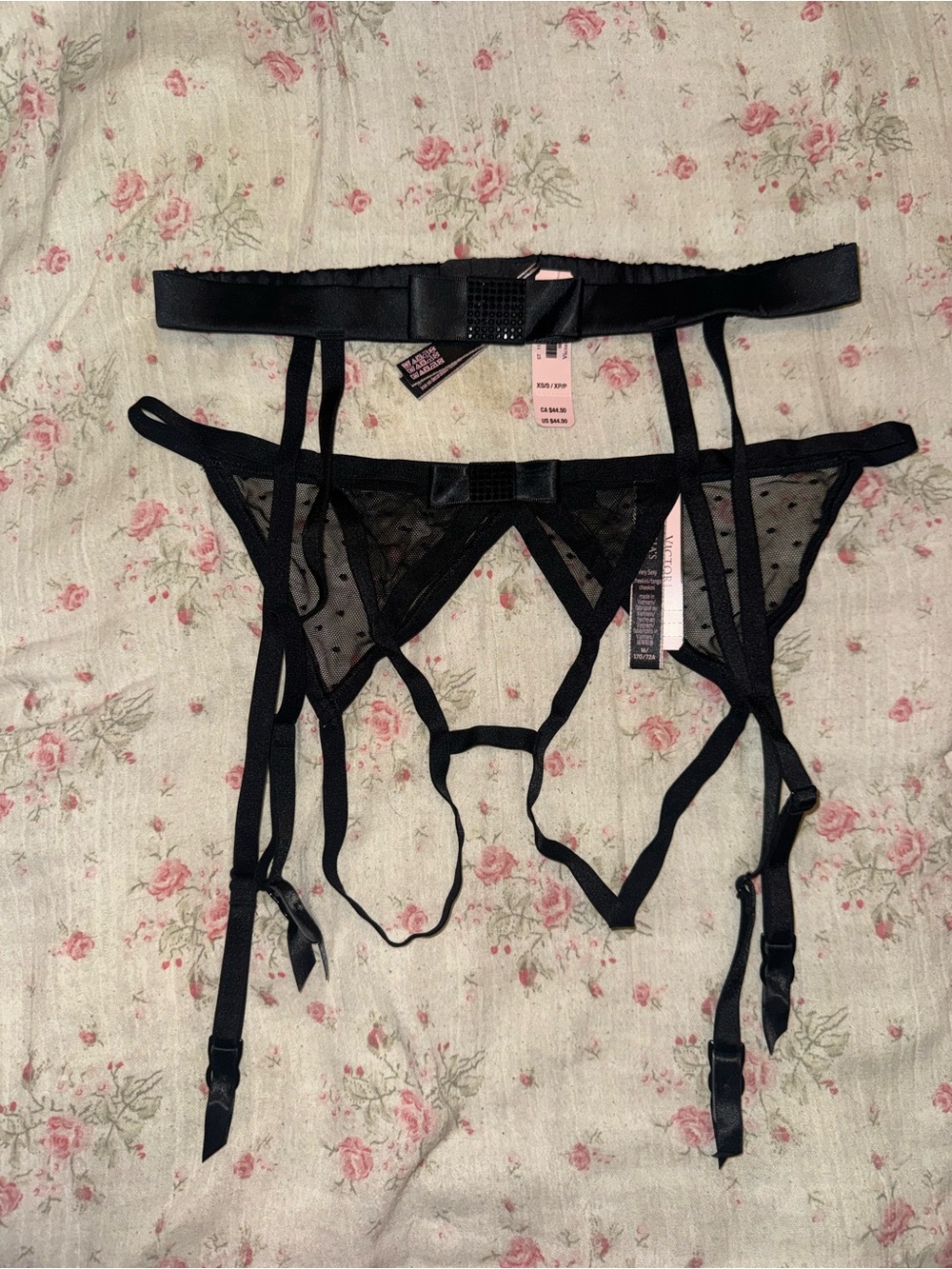 Victoria's Secret Black Sheer Dot Lace Garter Belt Set